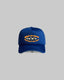 Blue Built By Faith western trucker cap featuring a vintage horse graphic and curved peak.