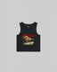 Black Montavor Western Rider organic crop tank top with vintage cowboy and galloping horse graphic