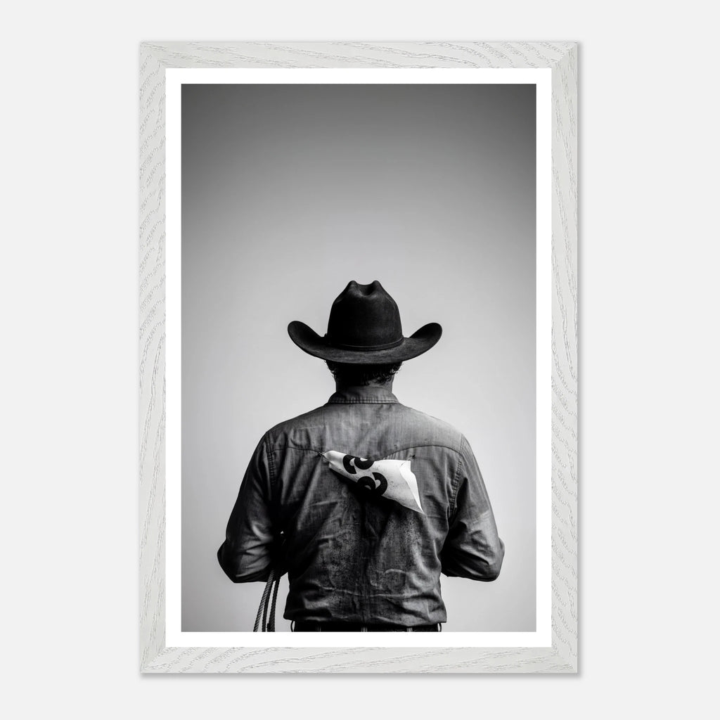 Black and white photograph of a rodeo cowboy viewed from behind wearing a western hat with a numbered rodeo tag pinned to his shirt after competition.