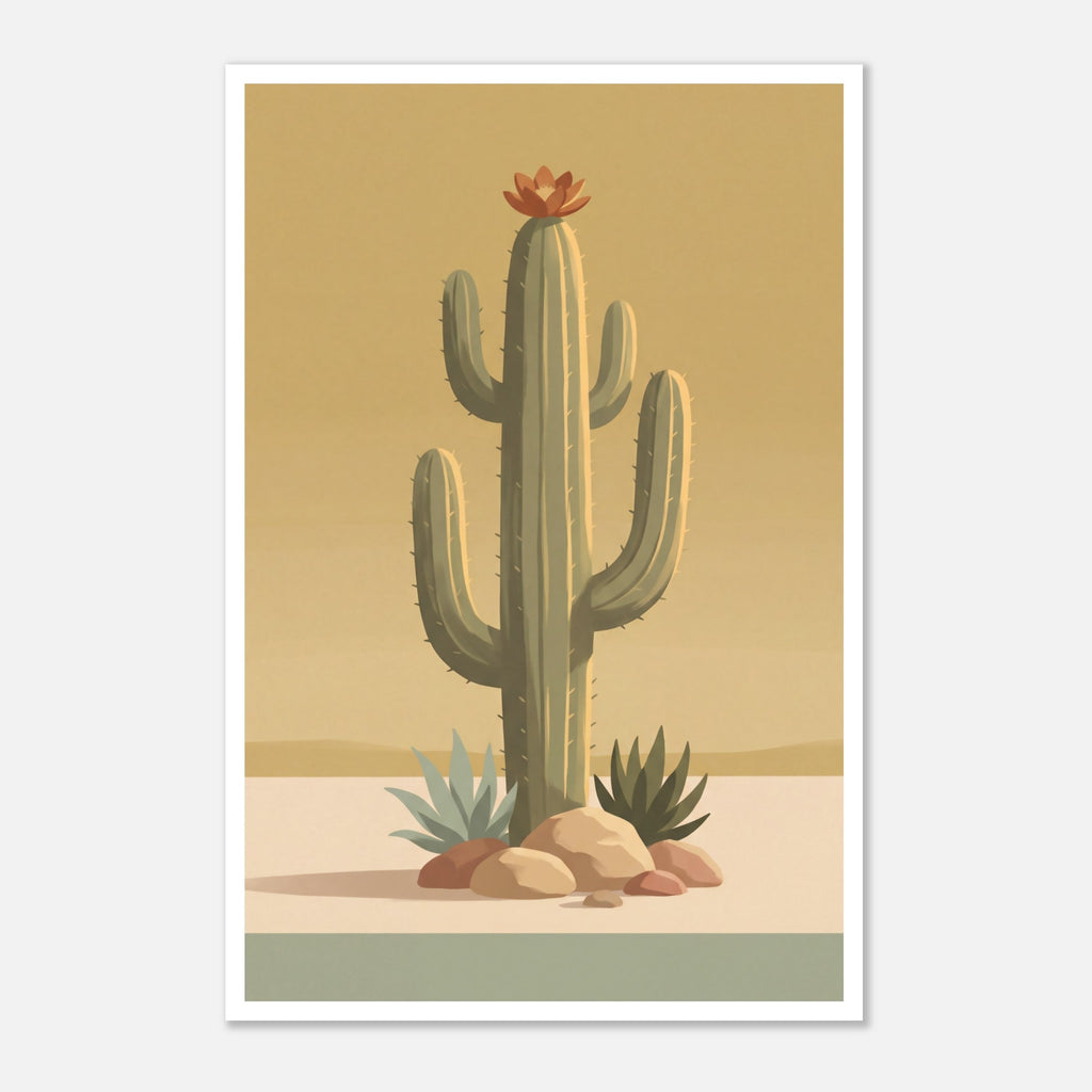 Minimalist desert poster featuring a tall saguaro cactus with a burnt orange bloom, surrounded by desert plants and rocks against a soft golden sky in muted mid century tones.