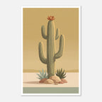 Minimalist desert poster featuring a tall saguaro cactus with a burnt orange bloom, surrounded by desert plants and rocks against a soft golden sky in muted mid century tones.