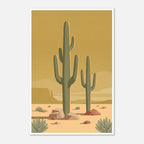Minimalist Desert Poster Featuring Two Tall Saguaro Cacti In Soft Sage Green Against A Warm Golden Sky With Layered Sand Dunes And Desert Rocks, Mid Century Inspired Western Wall Art In Neutral Earth Tones.