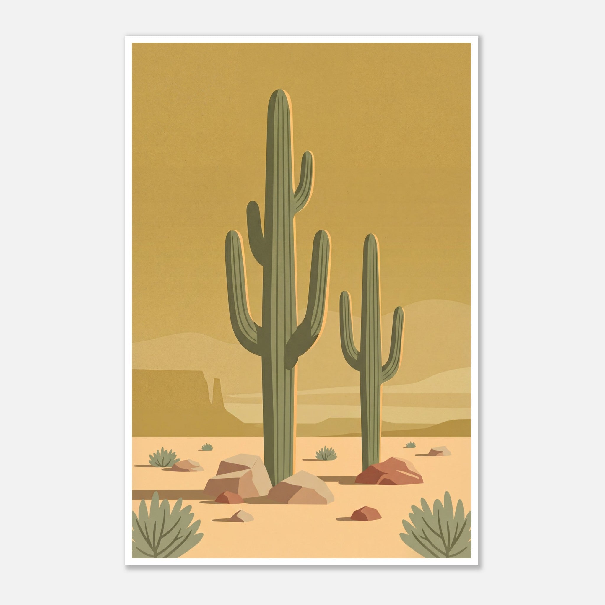 Minimalist Desert Poster Featuring Two Tall Saguaro Cacti In Soft Sage Green Against A Warm Golden Sky With Layered Sand Dunes And Desert Rocks, Mid Century Inspired Western Wall Art In Neutral Earth Tones.