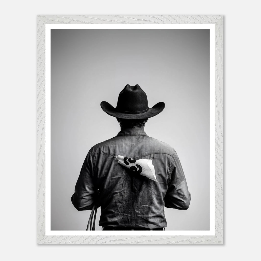Black and white photograph of a rodeo cowboy viewed from behind wearing a western hat with a numbered rodeo tag pinned to his shirt after competition.