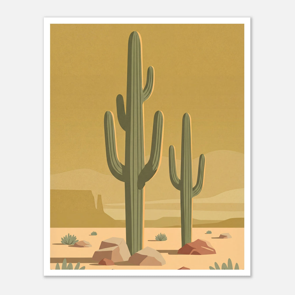 Minimalist Desert Poster Featuring Two Tall Saguaro Cacti In Soft Sage Green Against A Warm Golden Sky With Layered Sand Dunes And Desert Rocks, Mid Century Inspired Western Wall Art In Neutral Earth Tones.