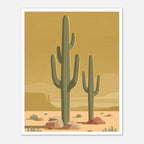 Minimalist Desert Poster Featuring Two Tall Saguaro Cacti In Soft Sage Green Against A Warm Golden Sky With Layered Sand Dunes And Desert Rocks, Mid Century Inspired Western Wall Art In Neutral Earth Tones.