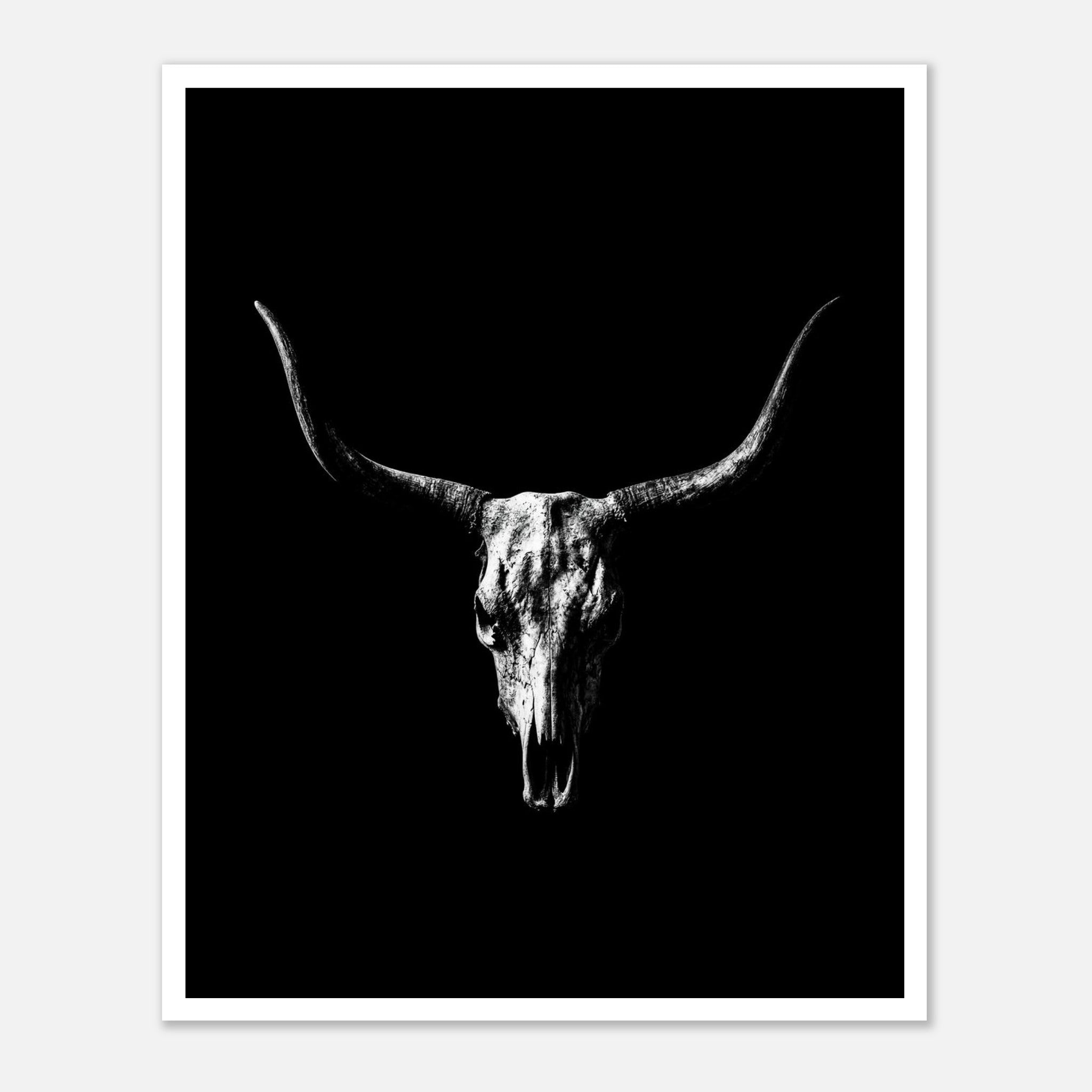 Black and white photograph of a longhorn skull with wide sweeping horns centered against a dark background, western wall art poster.