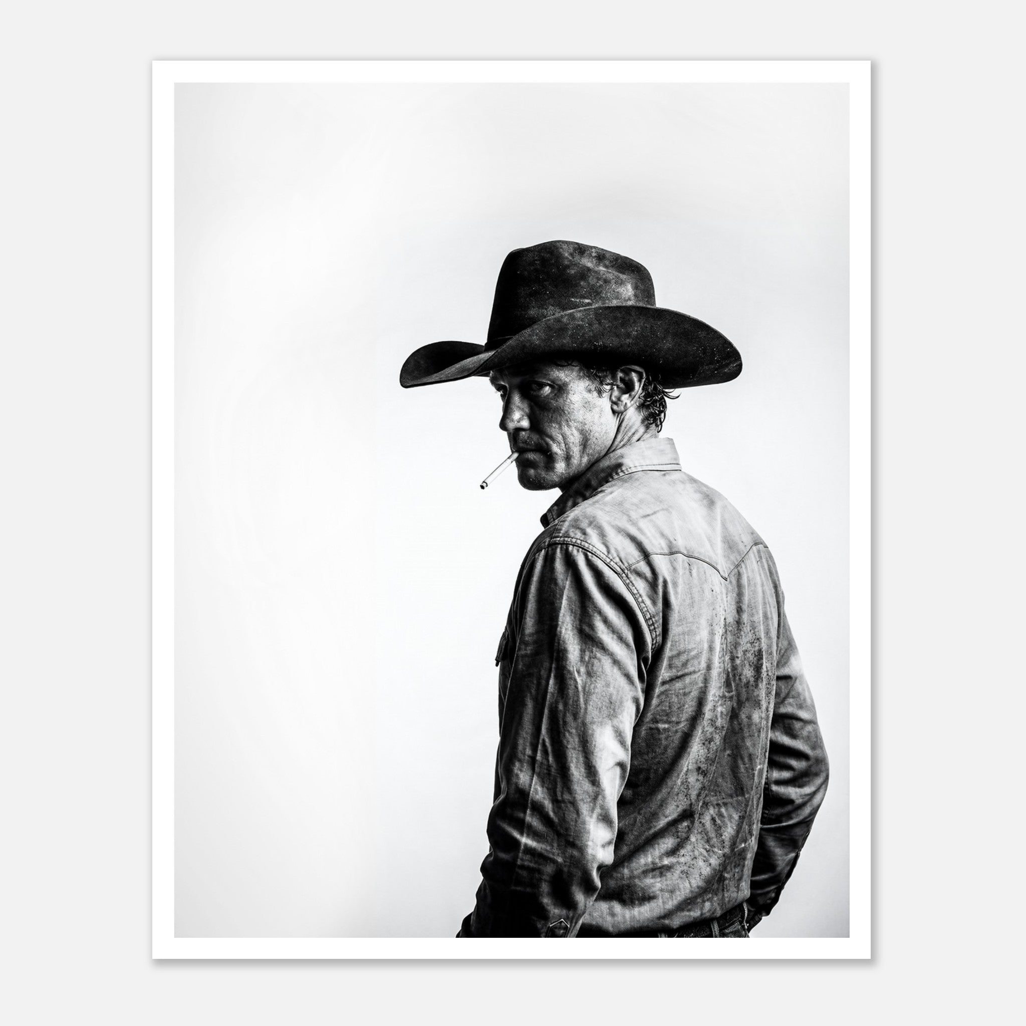 Black and white photograph of a rodeo cowboy wearing a western hat and cigarette, turning toward the camera after competition, western cowboy wall art poster.