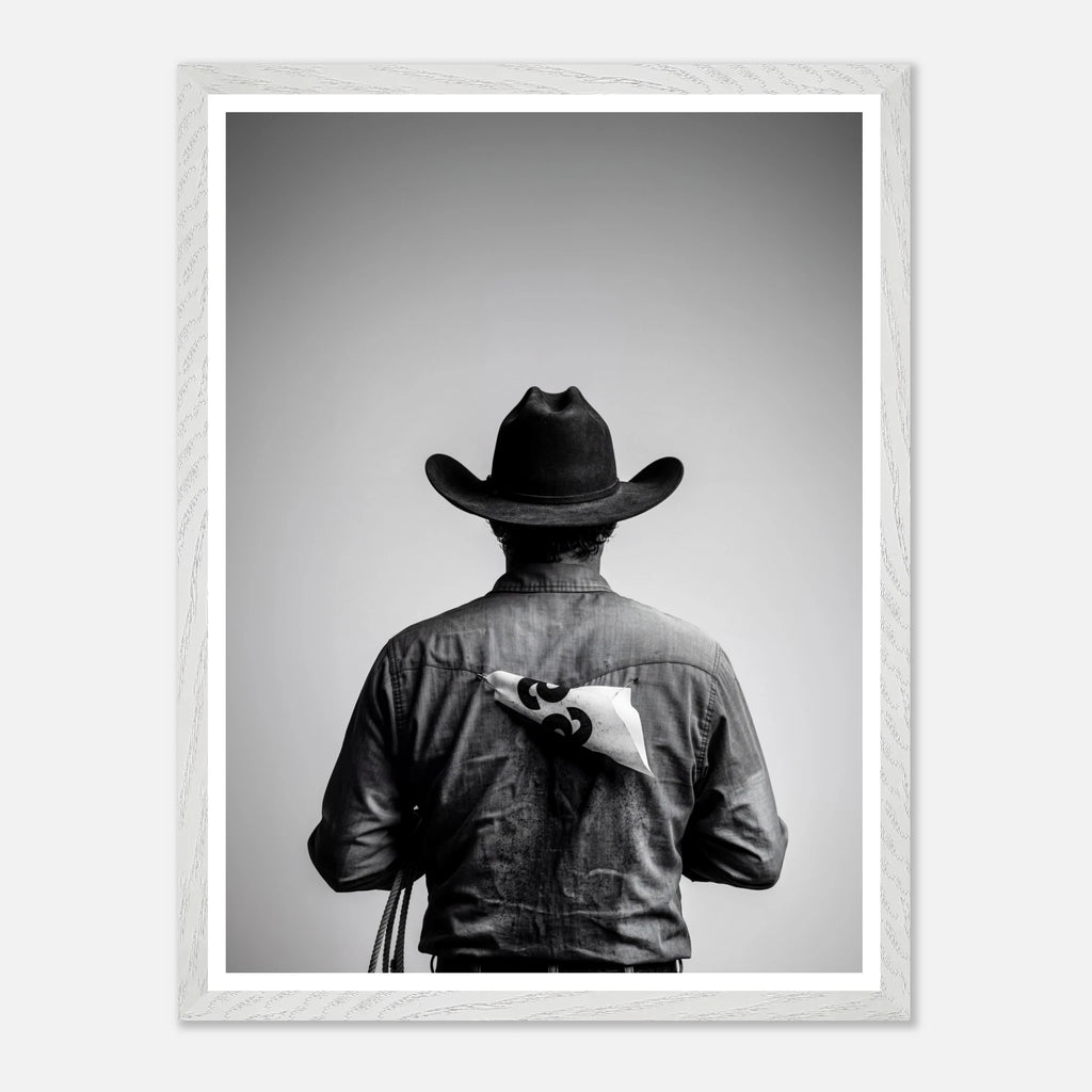 Black and white photograph of a rodeo cowboy viewed from behind wearing a western hat with a numbered rodeo tag pinned to his shirt after competition.