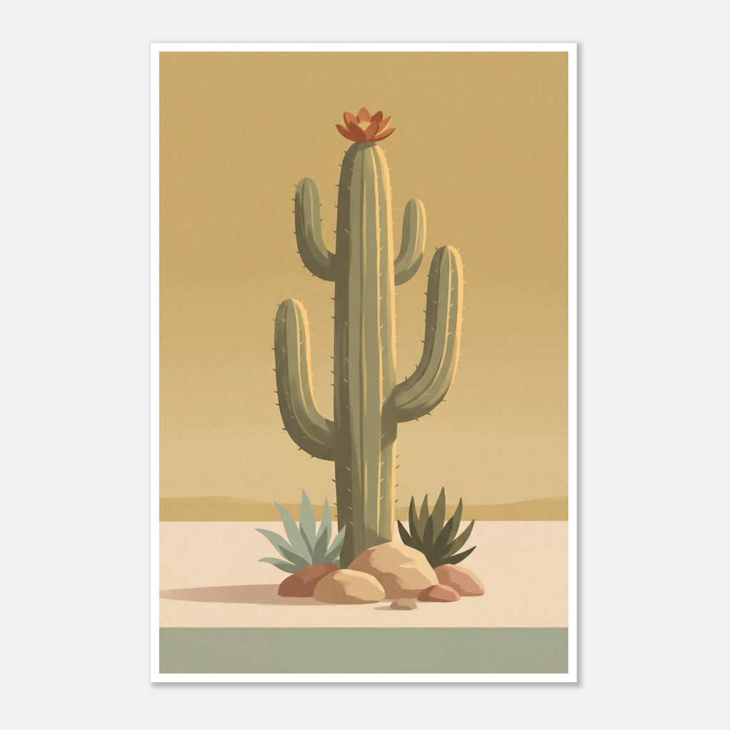 Minimalist desert poster featuring a tall saguaro cactus with a burnt orange bloom, surrounded by desert plants and rocks against a soft golden sky in muted mid century tones.