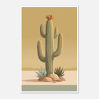 Minimalist desert poster featuring a tall saguaro cactus with a burnt orange bloom, surrounded by desert plants and rocks against a soft golden sky in muted mid century tones.