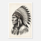 Vintage western ink illustration poster showing a side profile portrait of a plains chief wearing a feather headdress with detailed linework on a parchment background.