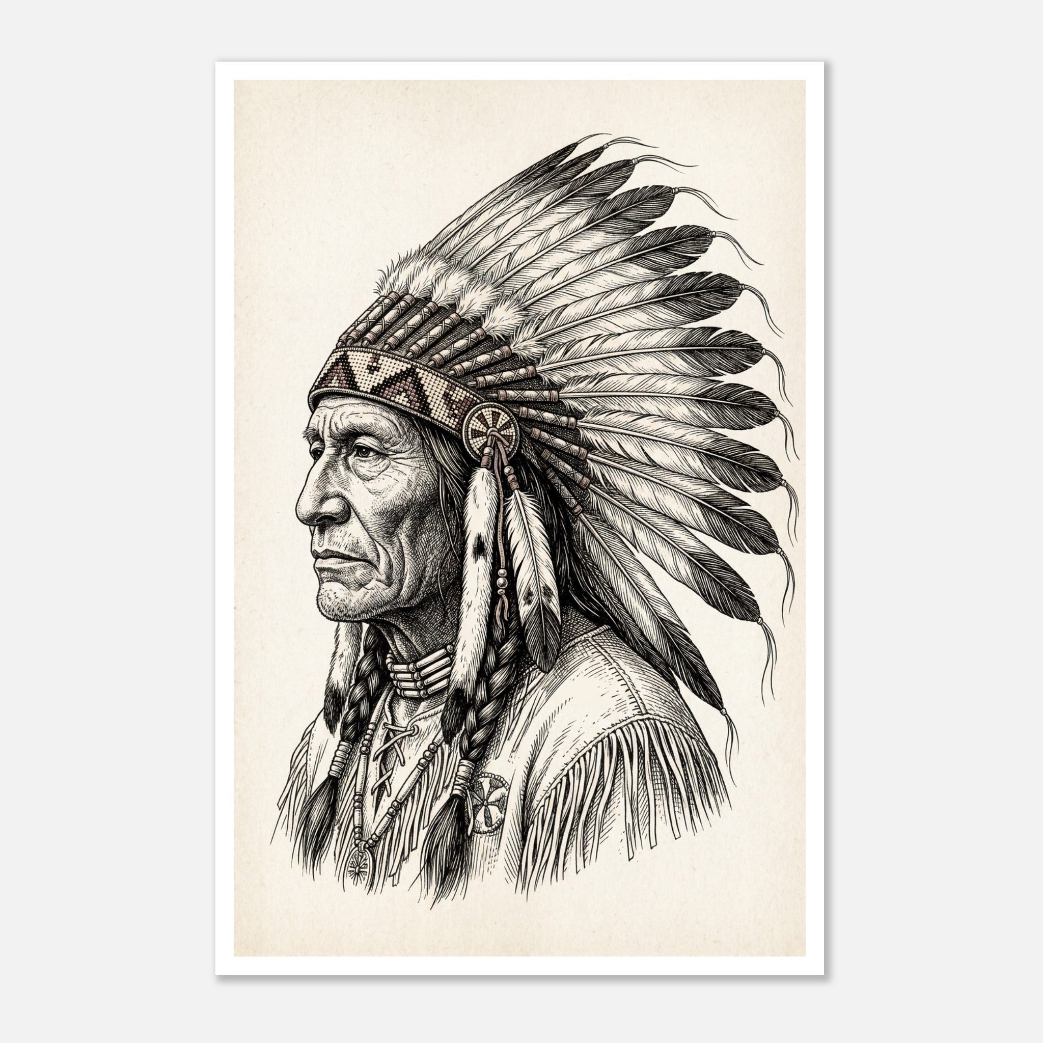 Vintage western ink illustration poster showing a side profile portrait of a plains chief wearing a feather headdress with detailed linework on a parchment background.