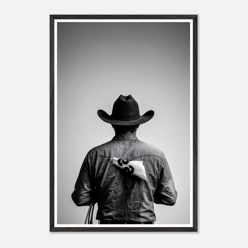 Black and white photograph of a rodeo cowboy viewed from behind wearing a western hat with a numbered rodeo tag pinned to his shirt after competition.