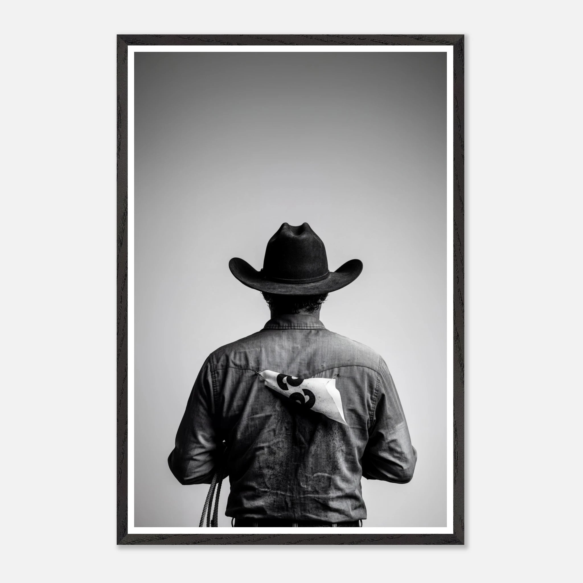 Black and white photograph of a rodeo cowboy viewed from behind wearing a western hat with a numbered rodeo tag pinned to his shirt after competition.