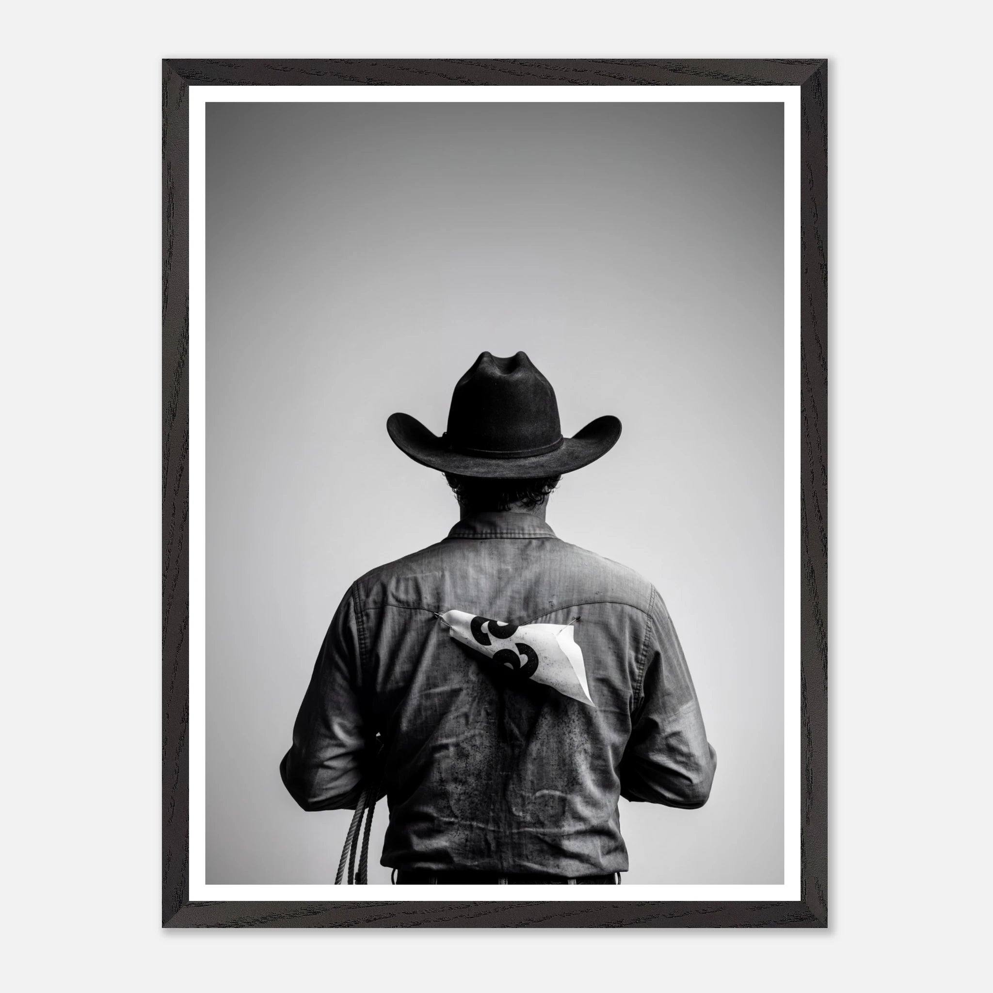 Black and white photograph of a rodeo cowboy viewed from behind wearing a western hat with a numbered rodeo tag pinned to his shirt after competition.