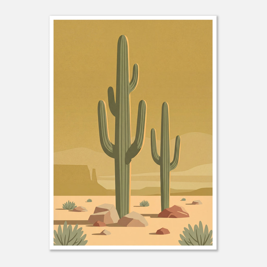 Minimalist Desert Poster Featuring Two Tall Saguaro Cacti In Soft Sage Green Against A Warm Golden Sky With Layered Sand Dunes And Desert Rocks, Mid Century Inspired Western Wall Art In Neutral Earth Tones.