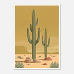 Minimalist Desert Poster Featuring Two Tall Saguaro Cacti In Soft Sage Green Against A Warm Golden Sky With Layered Sand Dunes And Desert Rocks, Mid Century Inspired Western Wall Art In Neutral Earth Tones.