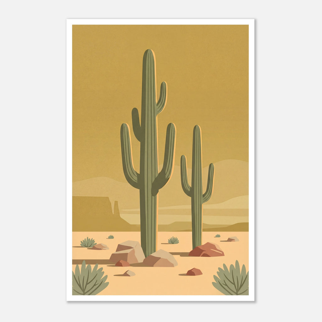 Minimalist Desert Poster Featuring Two Tall Saguaro Cacti In Soft Sage Green Against A Warm Golden Sky With Layered Sand Dunes And Desert Rocks, Mid Century Inspired Western Wall Art In Neutral Earth Tones.