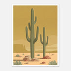 Minimalist Desert Poster Featuring Two Tall Saguaro Cacti In Soft Sage Green Against A Warm Golden Sky With Layered Sand Dunes And Desert Rocks, Mid Century Inspired Western Wall Art In Neutral Earth Tones.