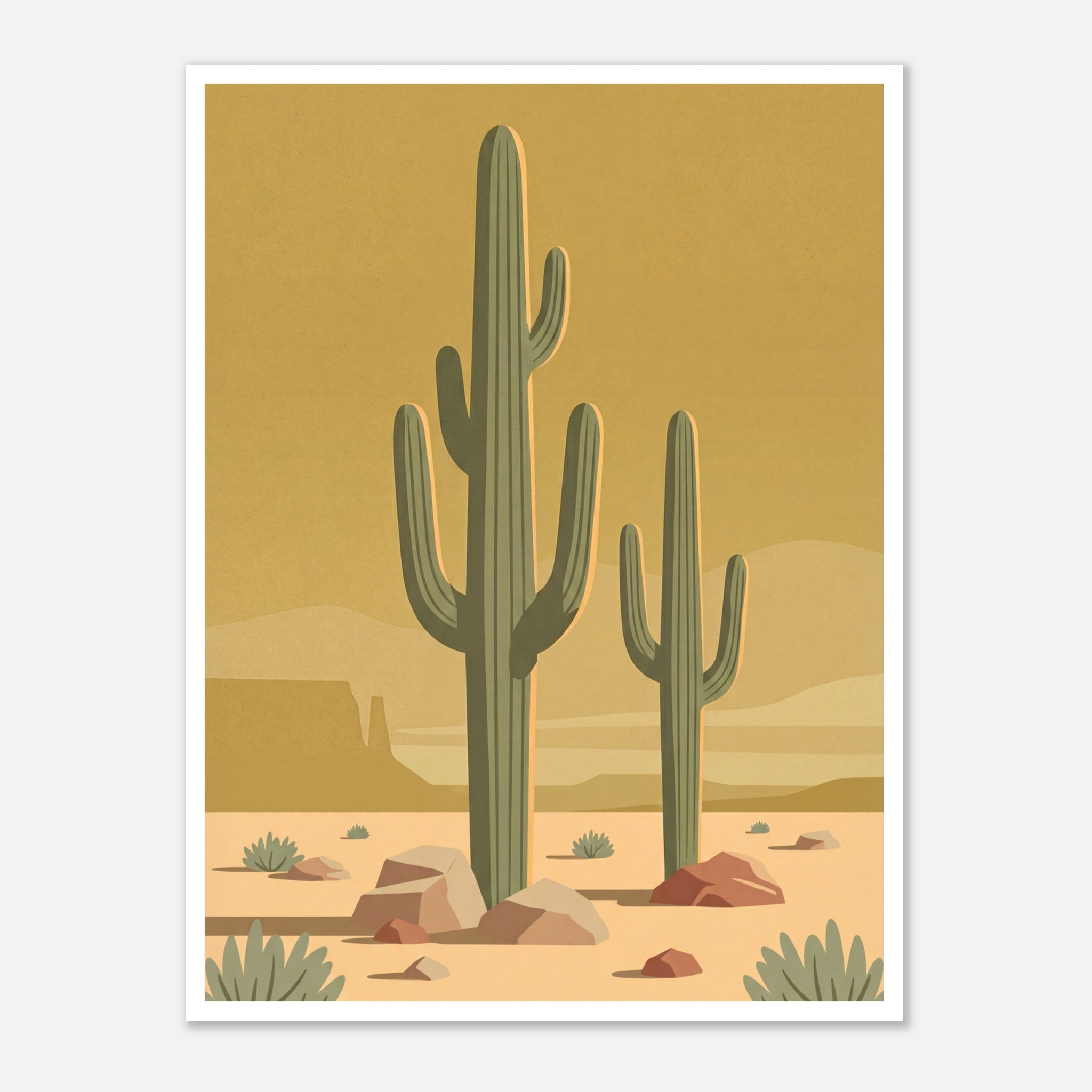 Minimalist Desert Poster Featuring Two Tall Saguaro Cacti In Soft Sage Green Against A Warm Golden Sky With Layered Sand Dunes And Desert Rocks, Mid Century Inspired Western Wall Art In Neutral Earth Tones.