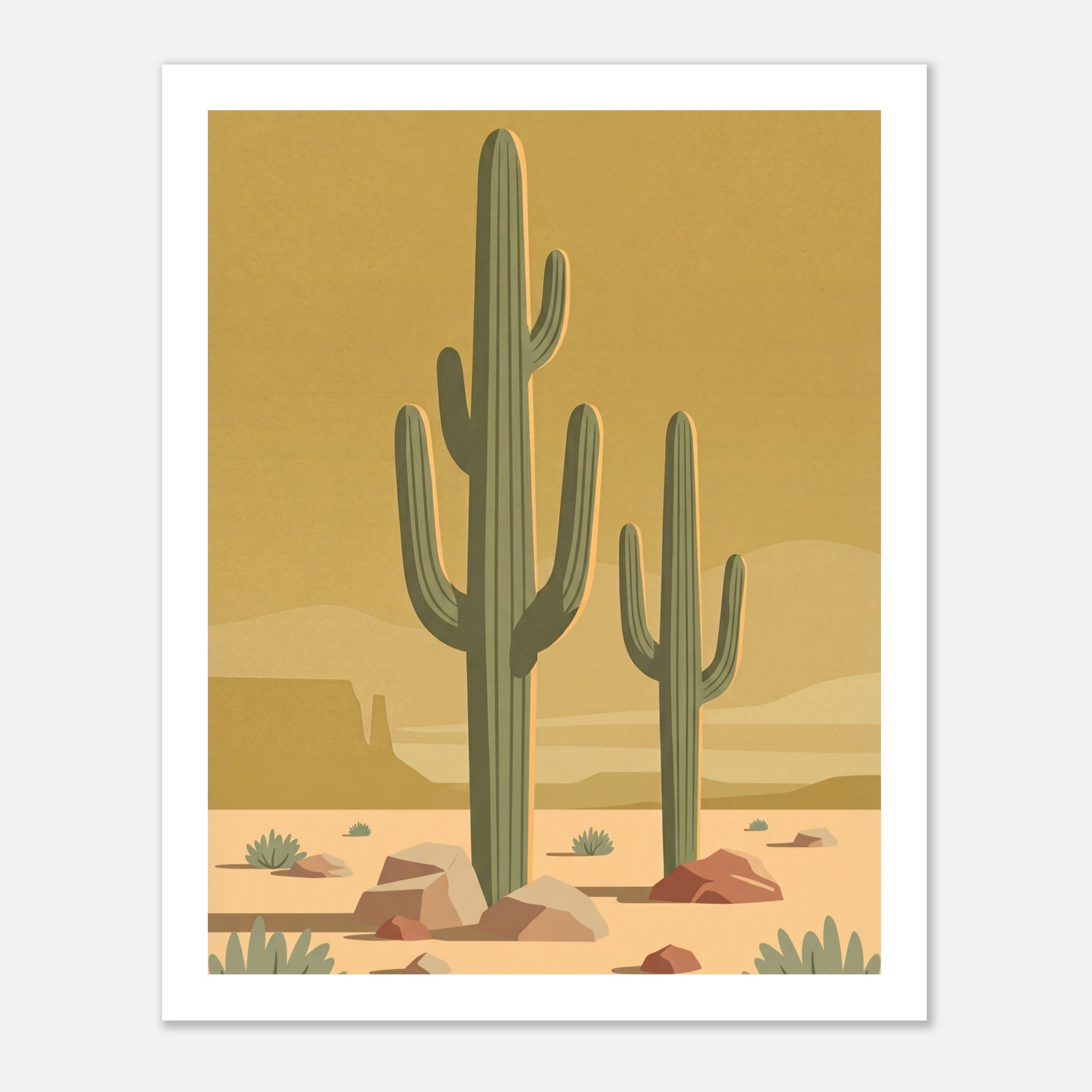 Minimalist Desert Poster Featuring Two Tall Saguaro Cacti In Soft Sage Green Against A Warm Golden Sky With Layered Sand Dunes And Desert Rocks, Mid Century Inspired Western Wall Art In Neutral Earth Tones.