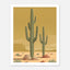 Minimalist Desert Poster Featuring Two Tall Saguaro Cacti In Soft Sage Green Against A Warm Golden Sky With Layered Sand Dunes And Desert Rocks, Mid Century Inspired Western Wall Art In Neutral Earth Tones.