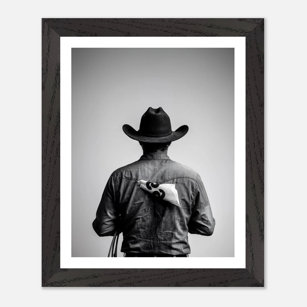 Black and white photograph of a rodeo cowboy viewed from behind wearing a western hat with a numbered rodeo tag pinned to his shirt after competition.