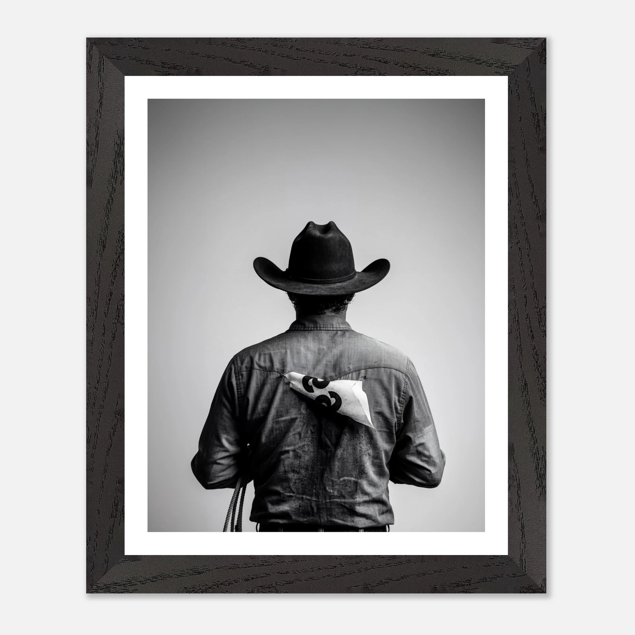 Black and white photograph of a rodeo cowboy viewed from behind wearing a western hat with a numbered rodeo tag pinned to his shirt after competition.
