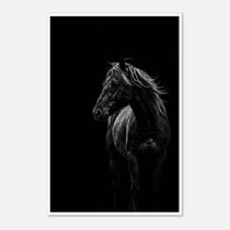 Black and white portrait of a wild stallion with flowing mane emerging from darkness, western horse wall art poster.