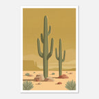 Minimalist Desert Poster Featuring Two Tall Saguaro Cacti In Soft Sage Green Against A Warm Golden Sky With Layered Sand Dunes And Desert Rocks, Mid Century Inspired Western Wall Art In Neutral Earth Tones.