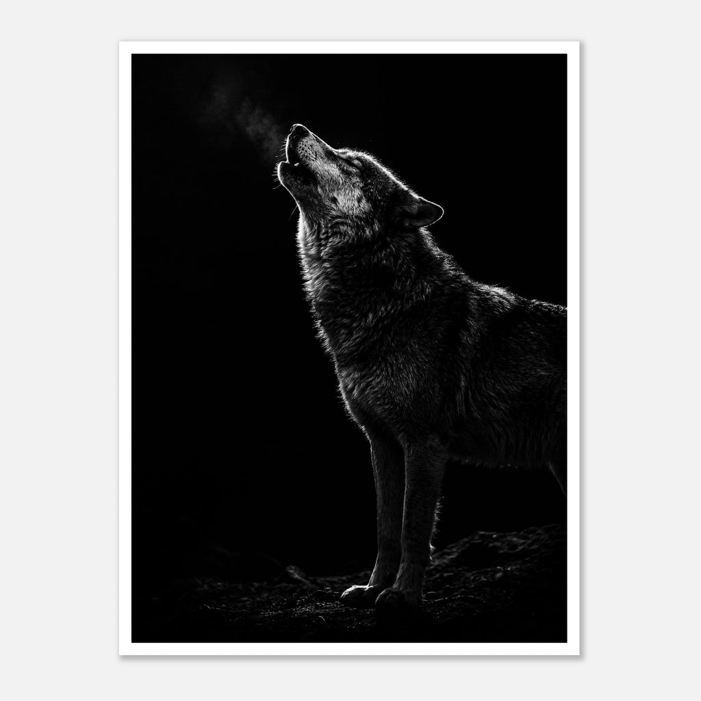 Black and white photograph of a wolf howling into the night with visible breath in cold air, wildlife wall art poster.