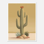 Minimalist desert poster featuring a tall saguaro cactus with a burnt orange bloom, surrounded by desert plants and rocks against a soft golden sky in muted mid century tones.