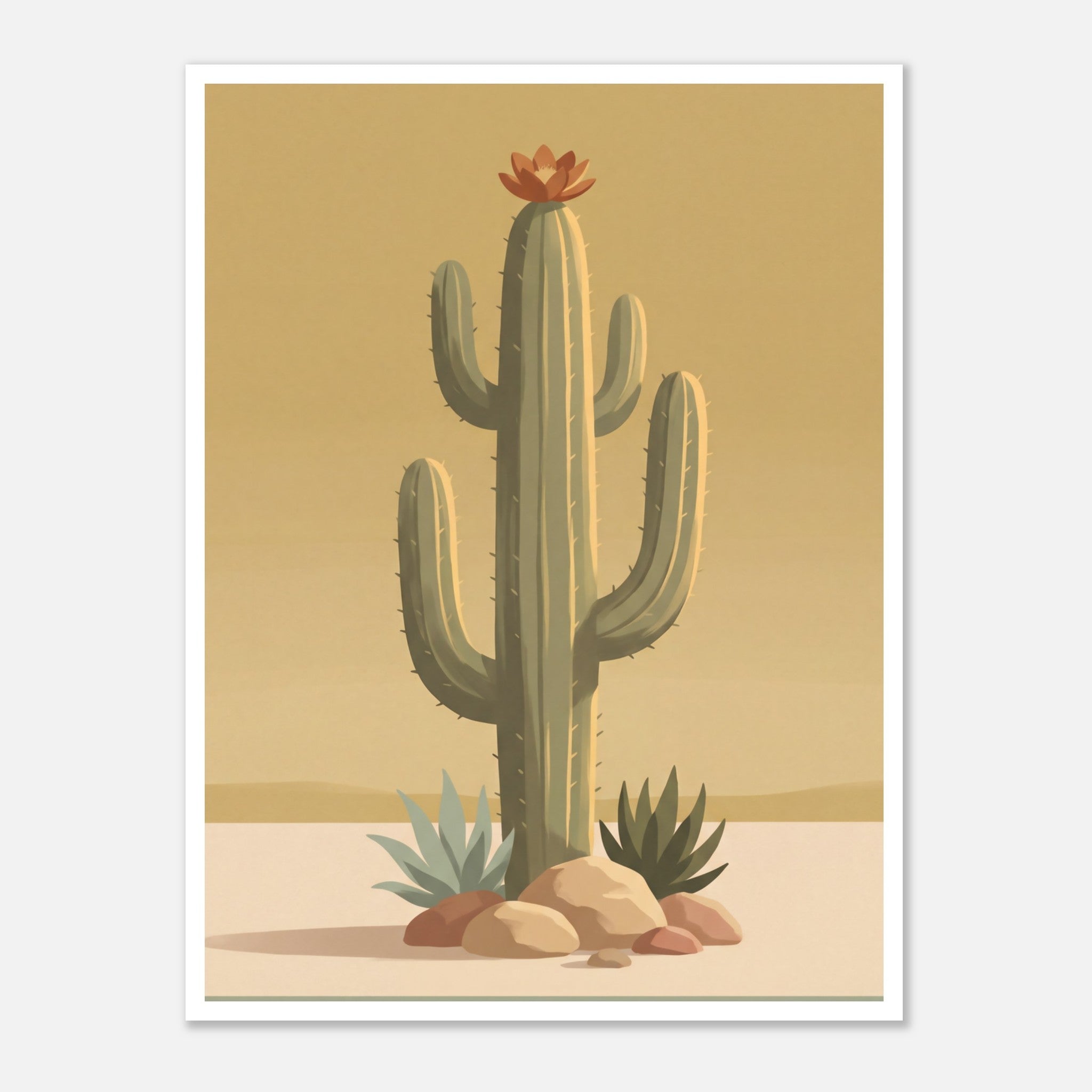 Minimalist desert poster featuring a tall saguaro cactus with a burnt orange bloom, surrounded by desert plants and rocks against a soft golden sky in muted mid century tones.