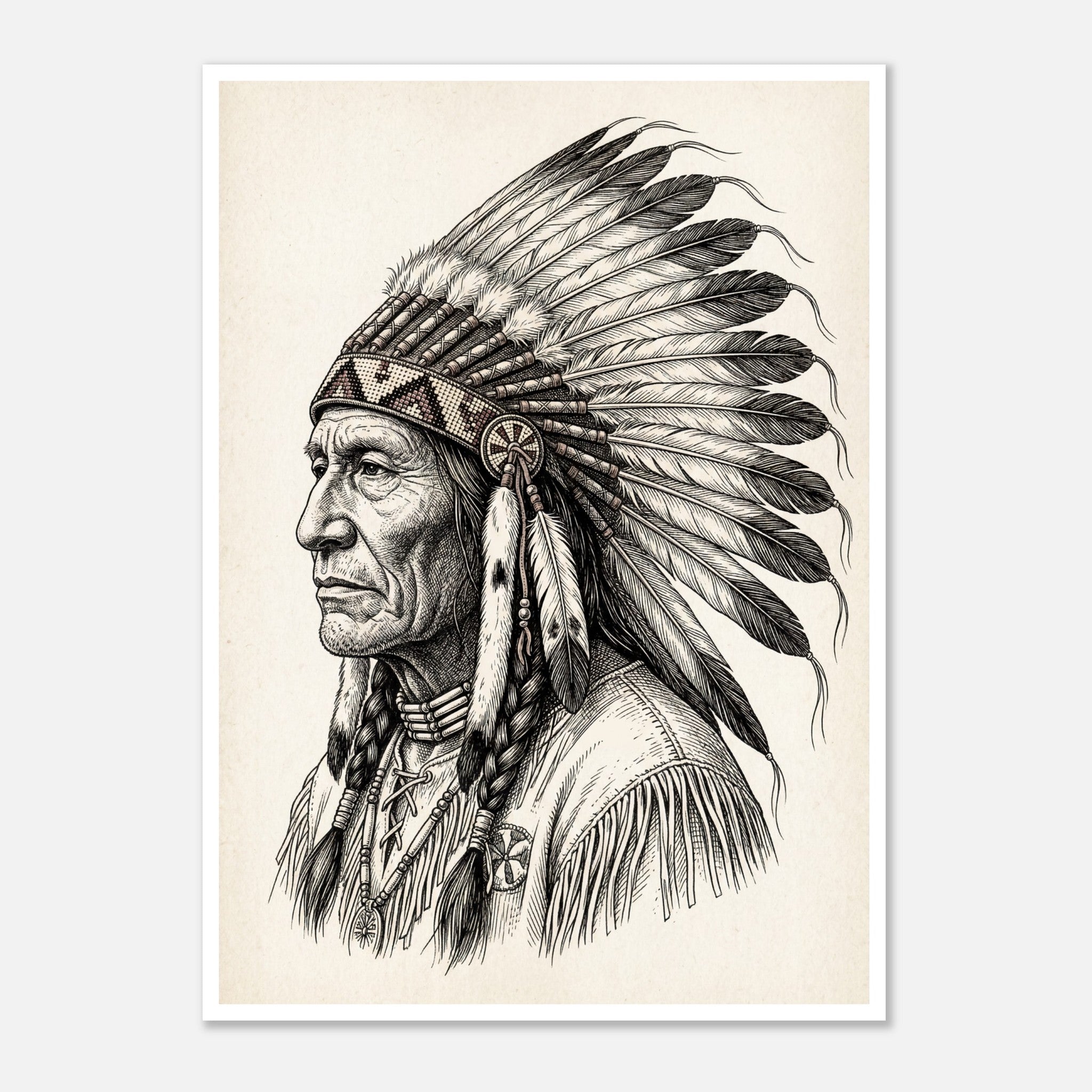 Vintage western ink illustration poster showing a side profile portrait of a plains chief wearing a feather headdress with detailed linework on a parchment background.