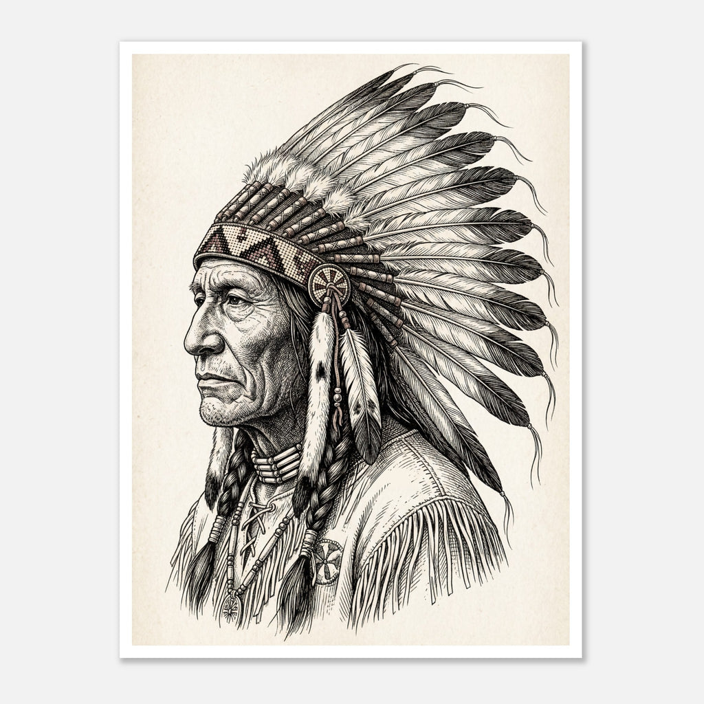 Vintage western ink illustration poster showing a side profile portrait of a plains chief wearing a feather headdress with detailed linework on a parchment background.