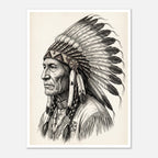 Vintage western ink illustration poster showing a side profile portrait of a plains chief wearing a feather headdress with detailed linework on a parchment background.