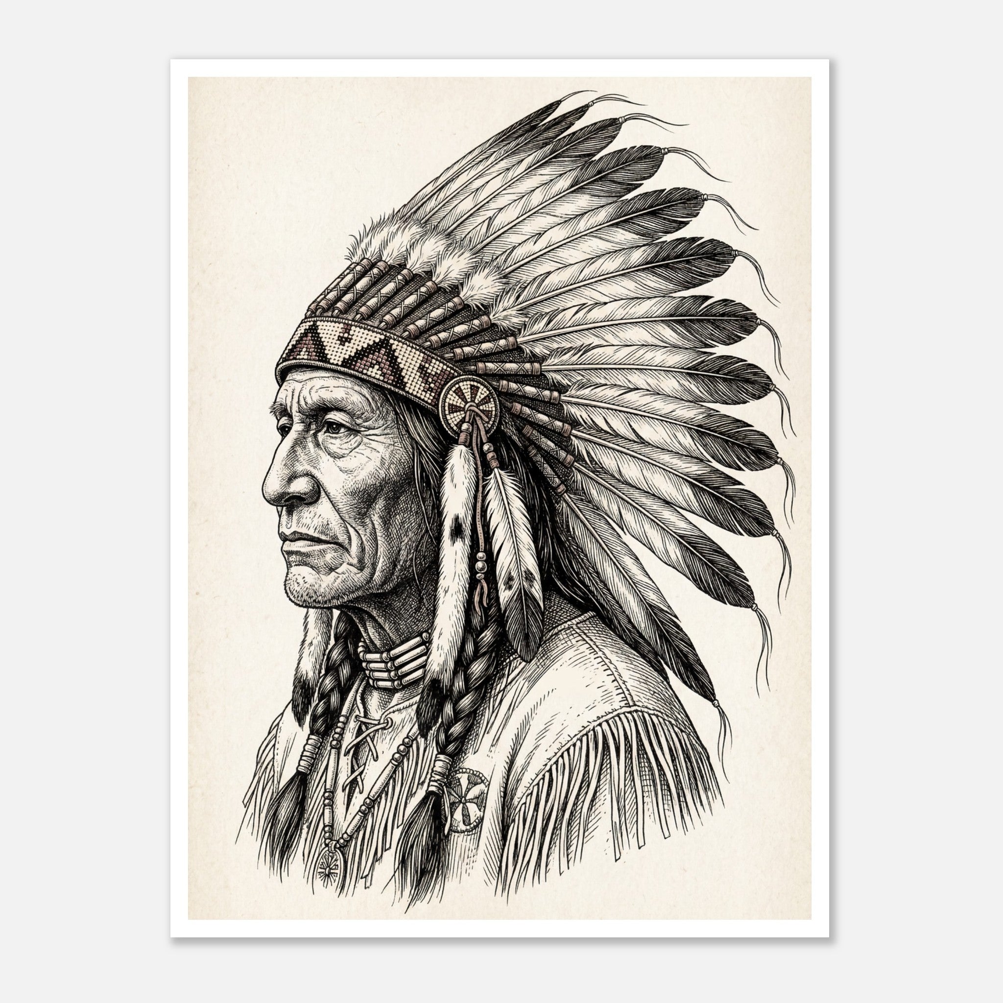 Vintage western ink illustration poster showing a side profile portrait of a plains chief wearing a feather headdress with detailed linework on a parchment background.