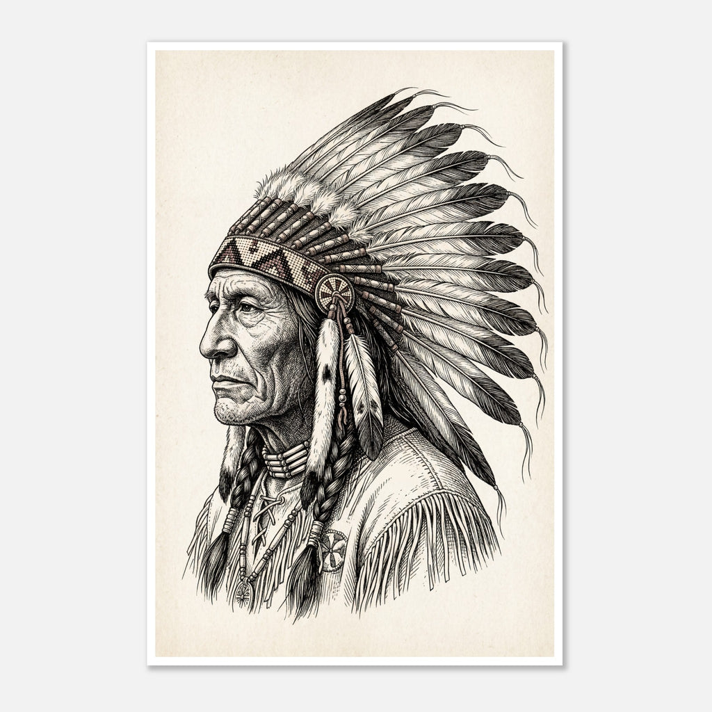 Vintage western ink illustration poster showing a side profile portrait of a plains chief wearing a feather headdress with detailed linework on a parchment background.