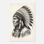 Vintage western ink illustration poster showing a side profile portrait of a plains chief wearing a feather headdress with detailed linework on a parchment background.