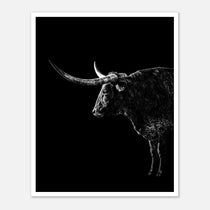 Black and white portrait of a Texas Longhorn with large sweeping horns emerging from darkness, western ranch wall art poster.