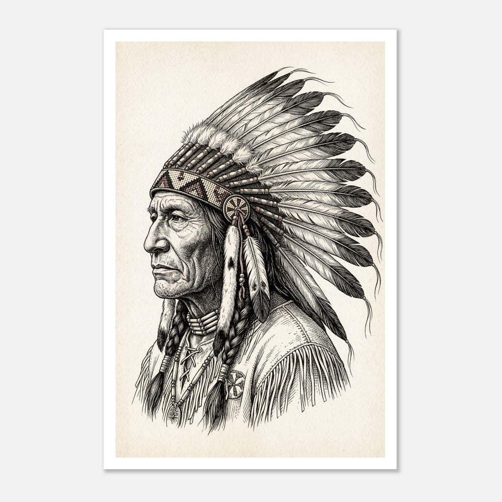 Vintage western ink illustration poster showing a side profile portrait of a plains chief wearing a feather headdress with detailed linework on a parchment background.