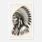 Vintage western ink illustration poster showing a side profile portrait of a plains chief wearing a feather headdress with detailed linework on a parchment background.