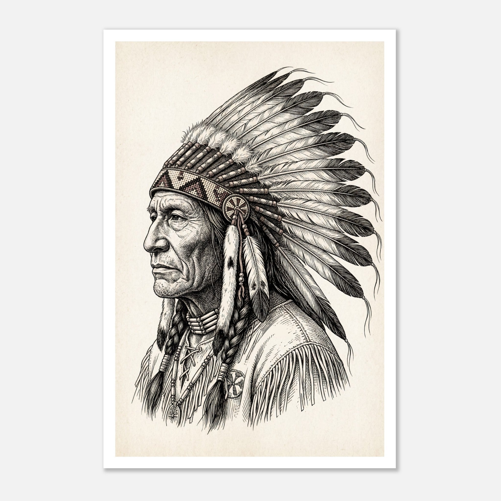 Vintage western ink illustration poster showing a side profile portrait of a plains chief wearing a feather headdress with detailed linework on a parchment background.