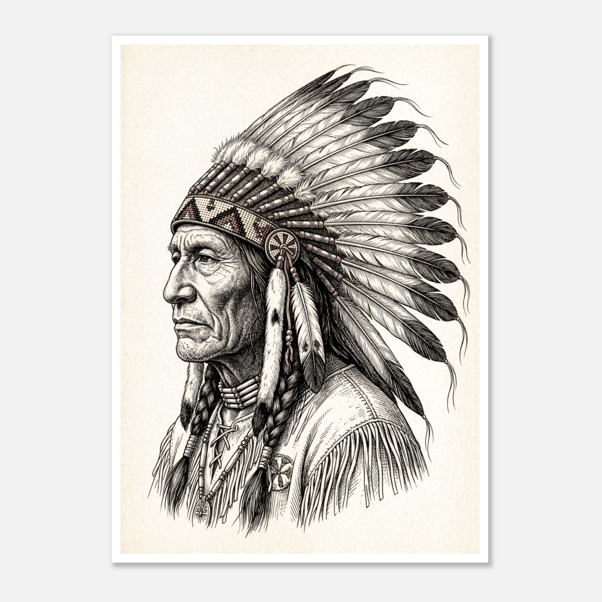Vintage western ink illustration poster showing a side profile portrait of a plains chief wearing a feather headdress with detailed linework on a parchment background.