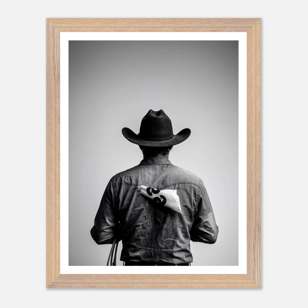 Black and white photograph of a rodeo cowboy viewed from behind wearing a western hat with a numbered rodeo tag pinned to his shirt after competition.