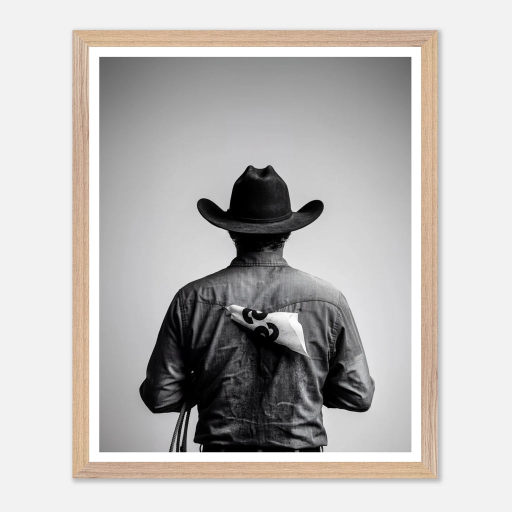 Black and white photograph of a rodeo cowboy viewed from behind wearing a western hat with a numbered rodeo tag pinned to his shirt after competition.