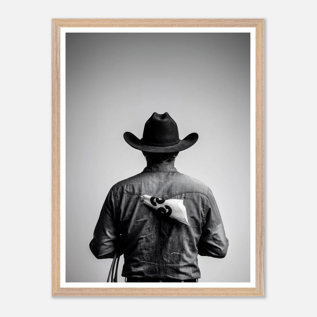 Black and white photograph of a rodeo cowboy viewed from behind wearing a western hat with a numbered rodeo tag pinned to his shirt after competition.