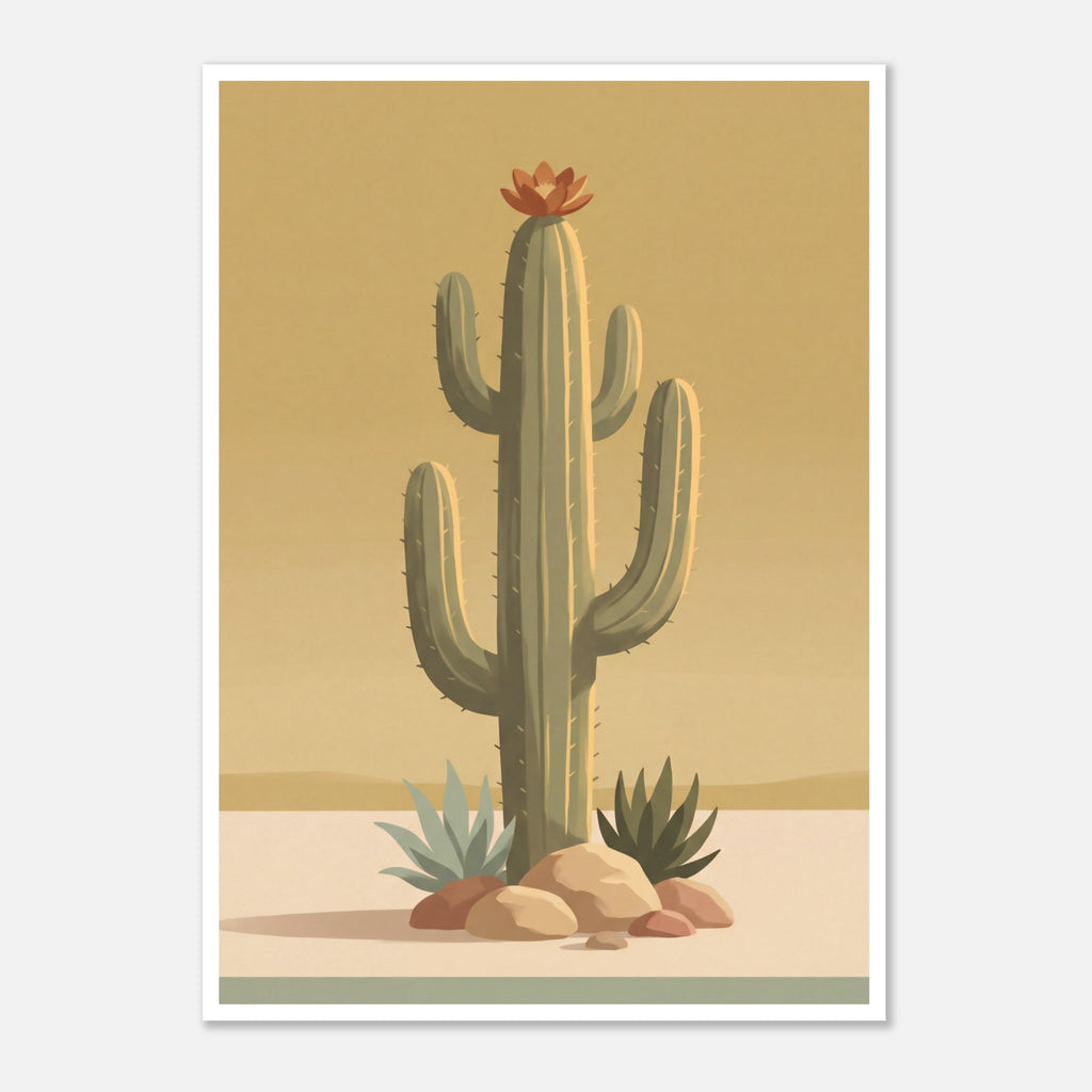 Minimalist desert poster featuring a tall saguaro cactus with a burnt orange bloom, surrounded by desert plants and rocks against a soft golden sky in muted mid century tones.