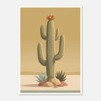 Minimalist desert poster featuring a tall saguaro cactus with a burnt orange bloom, surrounded by desert plants and rocks against a soft golden sky in muted mid century tones.